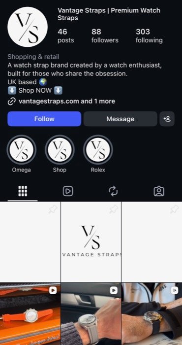 Example Instagram profile Vantage Straps
